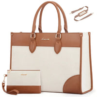 HKM-077395 Waterproof 15.6 in Canvas PU Leather Work Bag Set for Laptop and Office Use - Stylish Tote and Shoulder Handbag for Women