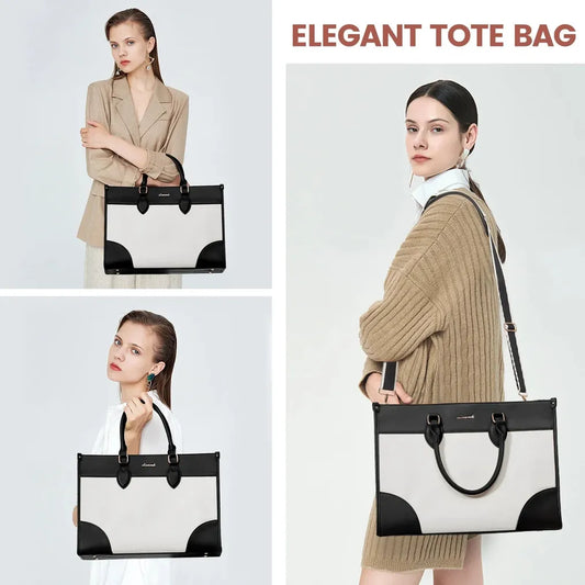 HKM-077395 Waterproof 15.6 in Canvas PU Leather Work Bag Set for Laptop and Office Use - Stylish Tote and Shoulder Handbag for Women