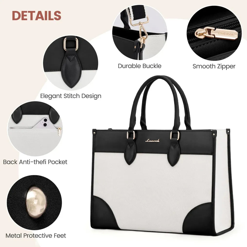 HKM-077395 Waterproof 15.6 in Canvas PU Leather Work Bag Set for Laptop and Office Use - Stylish Tote and Shoulder Handbag for Women