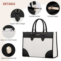 HKM-077395 Waterproof 15.6 in Canvas PU Leather Work Bag Set for Laptop and Office Use - Stylish Tote and Shoulder Handbag for Women