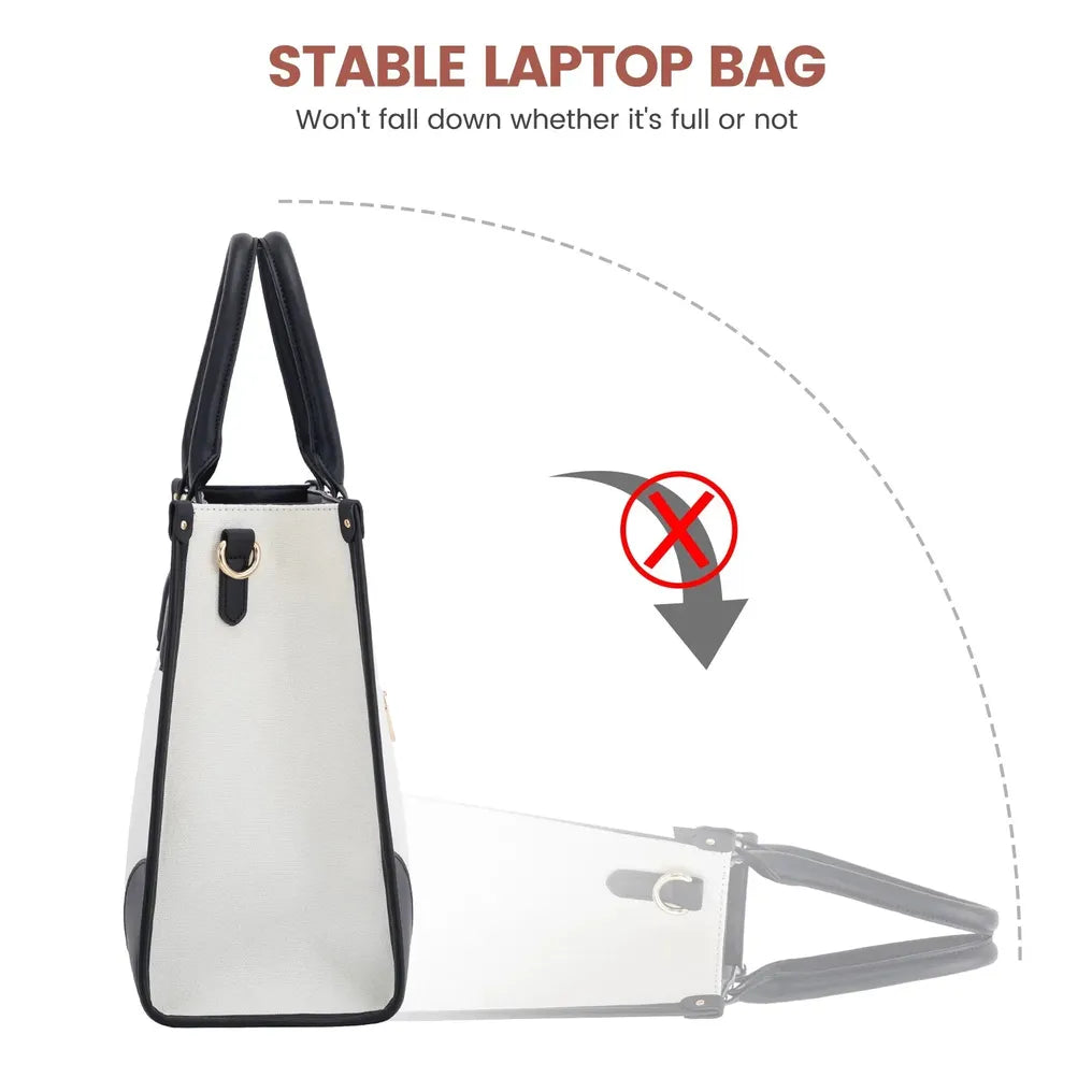 HKM-077395 Waterproof 15.6 in Canvas PU Leather Work Bag Set for Laptop and Office Use - Stylish Tote and Shoulder Handbag for Women