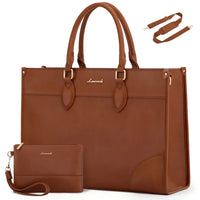 HKM-077395 Waterproof 15.6 in Canvas PU Leather Work Bag Set for Laptop and Office Use - Stylish Tote and Shoulder Handbag for Women