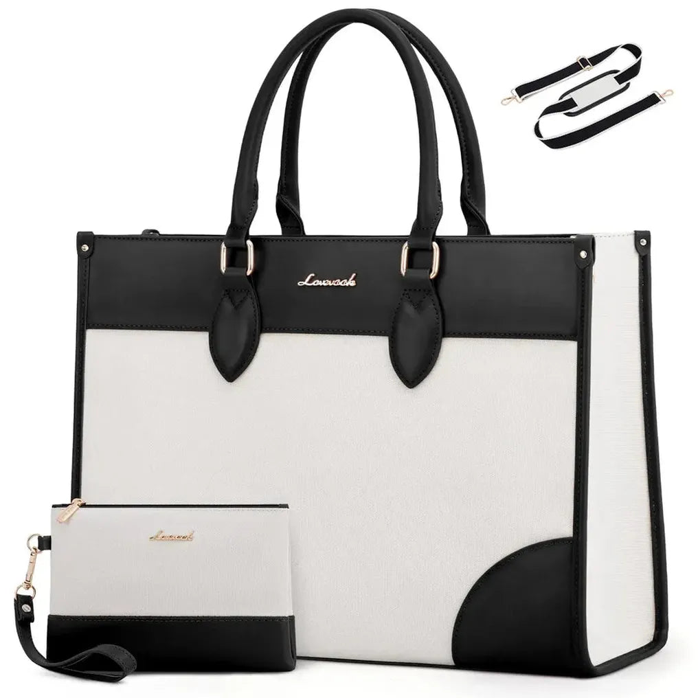 HKM-077395 Waterproof 15.6 in Canvas PU Leather Work Bag Set for Laptop and Office Use - Stylish Tote and Shoulder Handbag for Women