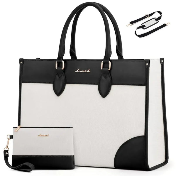 HKM-077395 Waterproof 15.6 in Canvas PU Leather Work Bag Set for Laptop and Office Use - Stylish Tote and Shoulder Handbag for Women