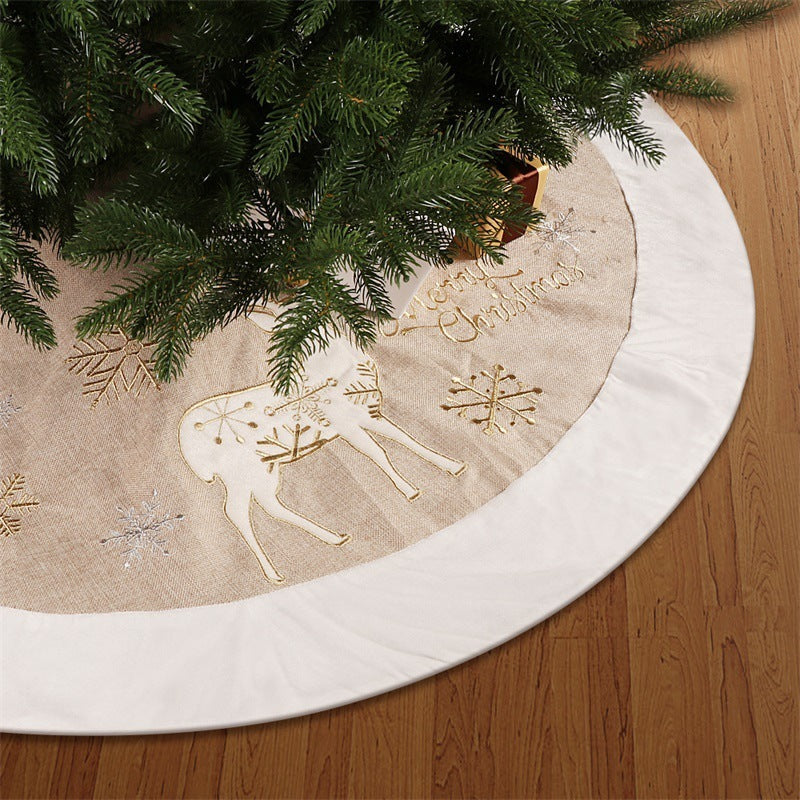 HKM-077459 48-Inch Gold and White Linen Christmas Tree Skirt for Holiday Decor