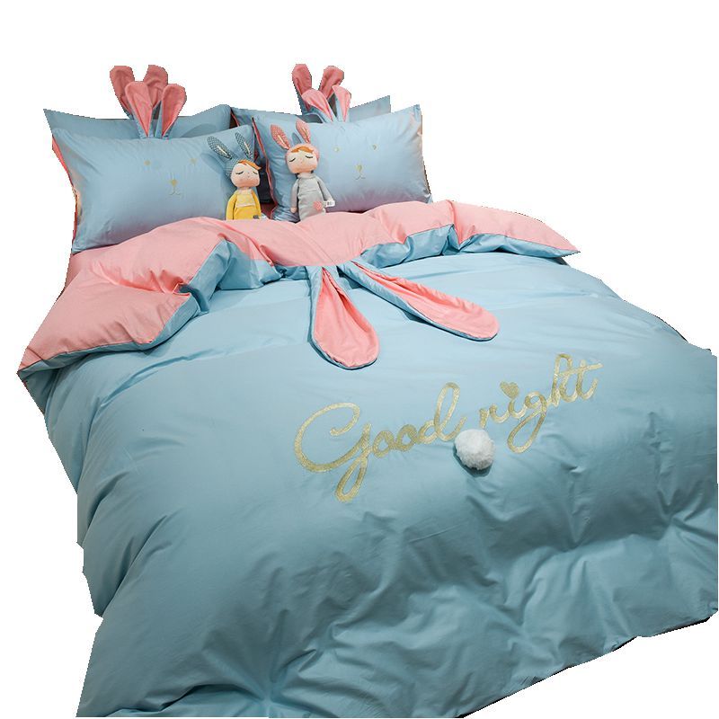 HKM-077523 Cute Rabbit & Bear Four-Piece Pure Cotton Bedding Set in Multiple Colors