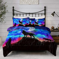 HKM-077843 3D Wolf Howling Comforter Set - 4 Piece Bedding Set in Purple, Blue, Black for Twin, Full, Queen, King Sizes