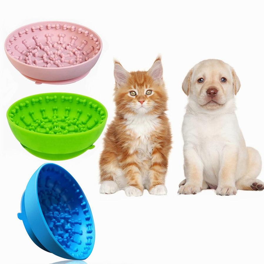 HKM-077843 Non-Slip Silicone Pet Slow Feeding Bowl with Suction Cup - Food Grade Material, Blue or Green, 15x12x4cm