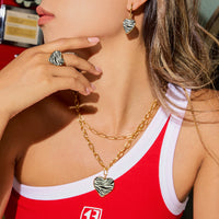 HKM-0778557 Leopard-Print Heart-Shaped Stainless Steel Necklace with Oil-Drip Finish