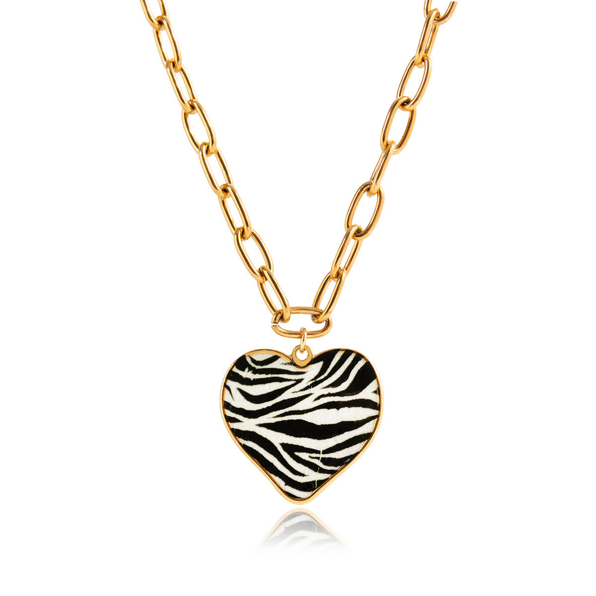 HKM-0778557 Leopard-Print Heart-Shaped Stainless Steel Necklace with Oil-Drip Finish