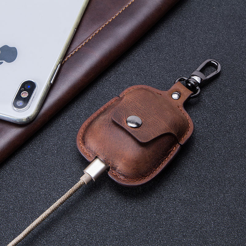 HKM-077907 Leather Earphone Case Keychain for iPhone Models - Portable Flip Design in Brown