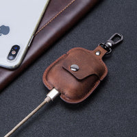 HKM-077907 Leather Earphone Case Keychain for iPhone Models - Portable Flip Design in Brown