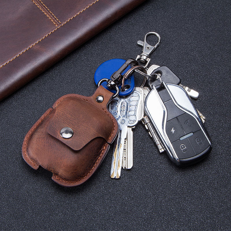 HKM-077907 Leather Earphone Case Keychain for iPhone Models - Portable Flip Design in Brown