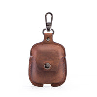 HKM-077907 Leather Earphone Case Keychain for iPhone Models - Portable Flip Design in Brown