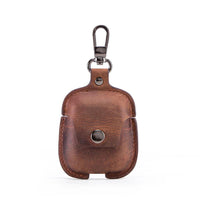 HKM-077907 Leather Earphone Case Keychain for iPhone Models - Portable Flip Design in Brown