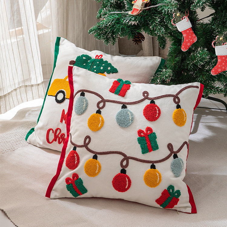HKM-078163 Christmas Themed Embroidered Cotton Pillowcase - Lantern & Santa Claus Design, 45x45cm