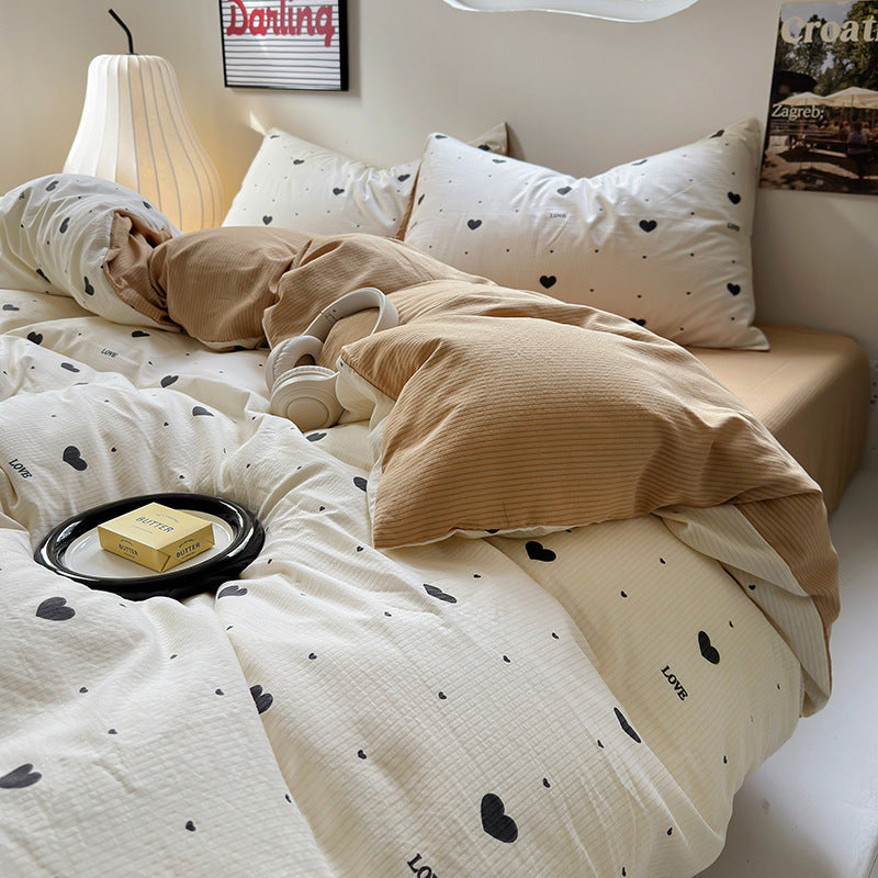 HKM-078163 Washed Brushed Three-Piece Bedding Set with Plant and Flower Design