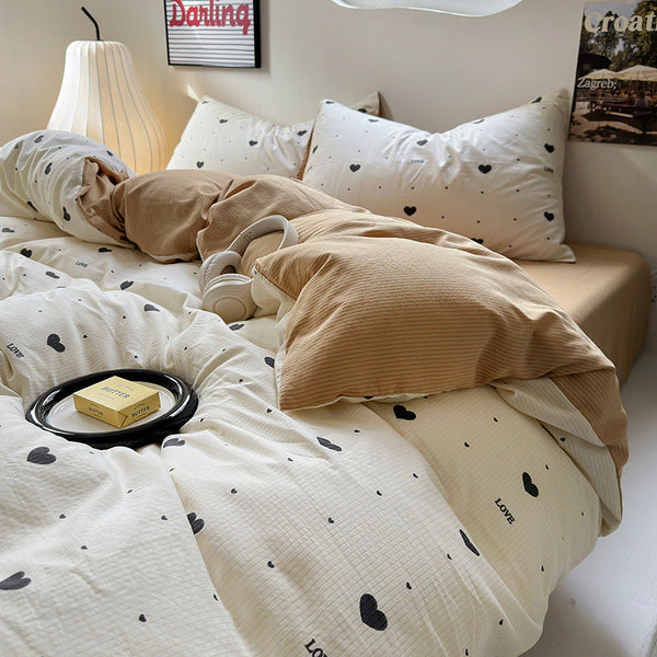 HKM-078163 Washed Brushed Three-Piece Bedding Set with Plant and Flower Design