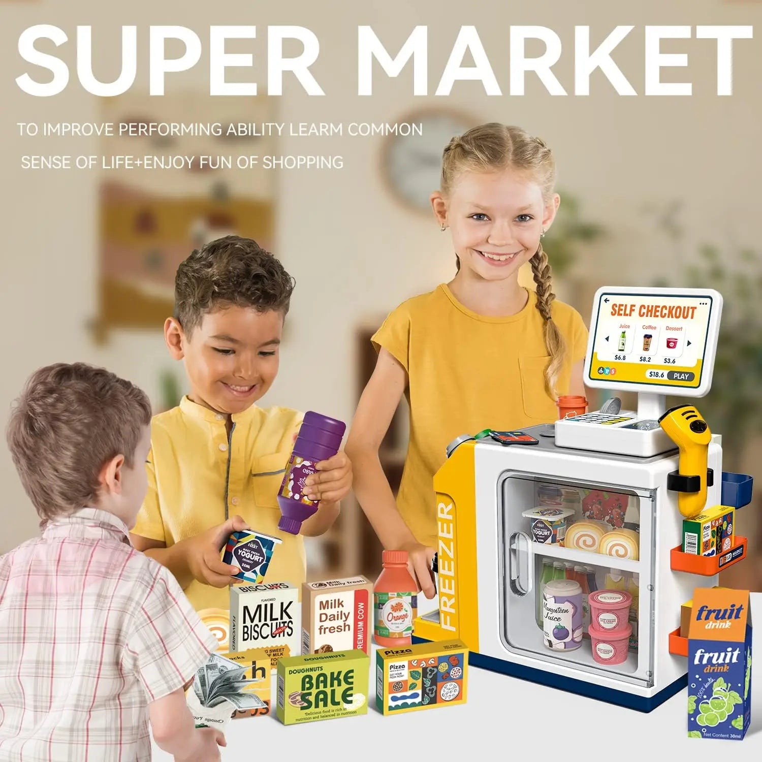 HKM-078291 46-Piece Kids Grocery Store Play Set with Cash Register and Scanner for Creative Pretend Play