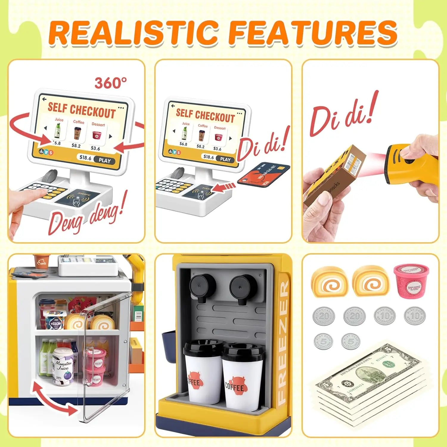 HKM-078291 46-Piece Kids Grocery Store Play Set with Cash Register and Scanner for Creative Pretend Play