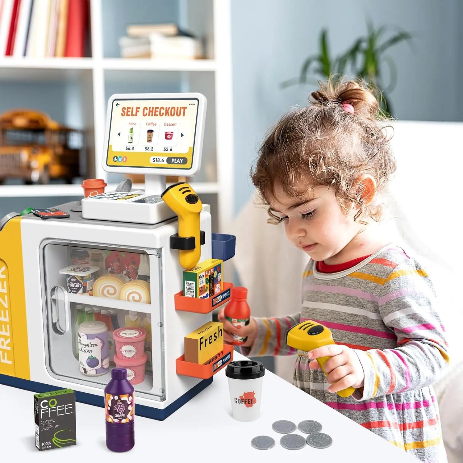 HKM-078291 46-Piece Kids Grocery Store Play Set with Cash Register and Scanner for Creative Pretend Play