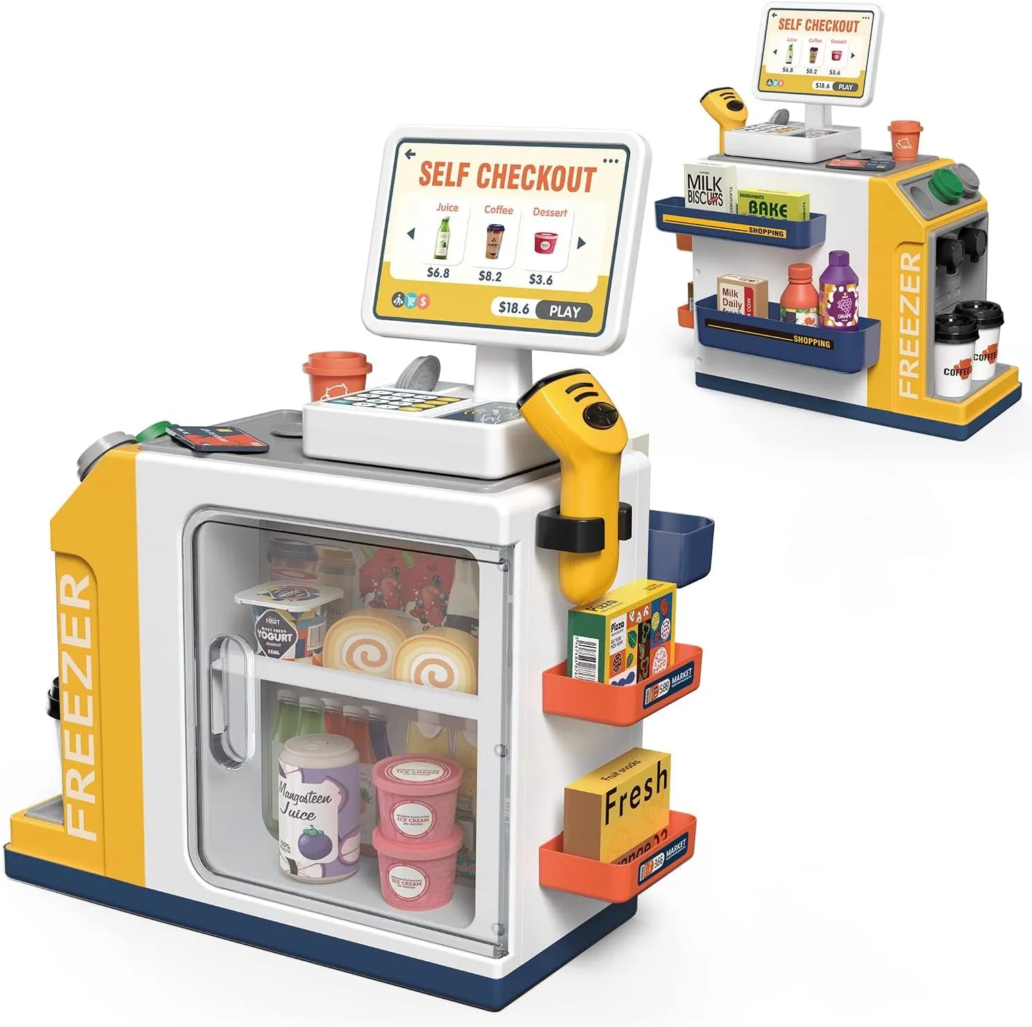 HKM-078291 46-Piece Kids Grocery Store Play Set with Cash Register and Scanner for Creative Pretend Play