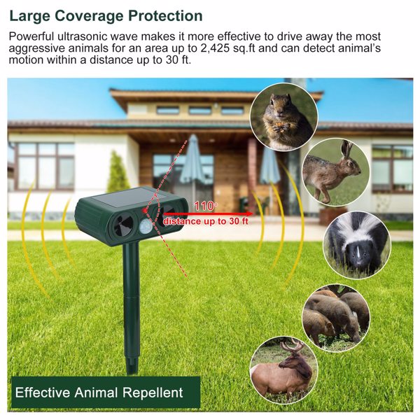 HKM-0786493 Solar-Powered Ultrasonic Animal Repellent with Motion Sensor, IPX4 Waterproof, Effective for Gardens and Farms