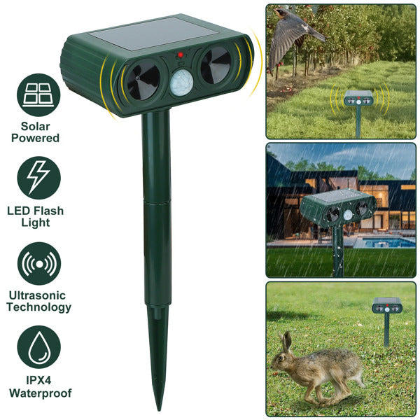 HKM-0786493 Solar-Powered Ultrasonic Animal Repellent with Motion Sensor, IPX4 Waterproof, Effective for Gardens and Farms