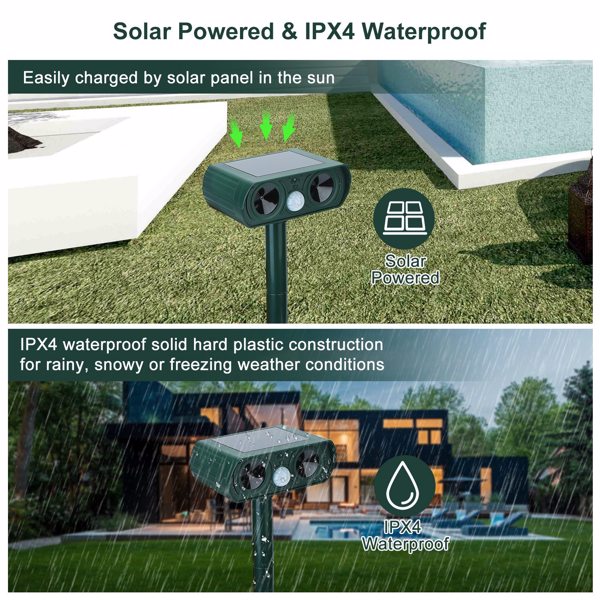 HKM-0786493 Solar-Powered Ultrasonic Animal Repellent with Motion Sensor, IPX4 Waterproof, Effective for Gardens and Farms