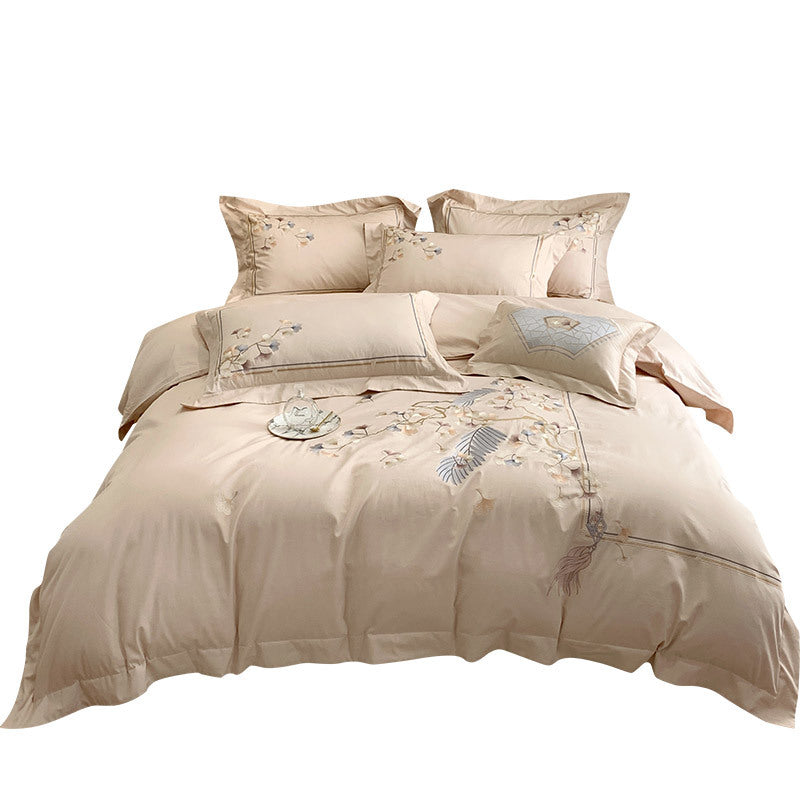 HKM-078675 Chinese Style 100% Long Staple Cotton Floral Embroidered Four-Piece Bedding Set