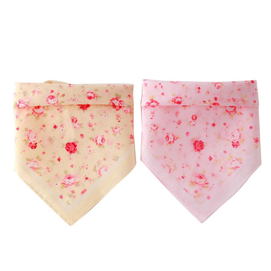 HKM-078739 Cotton Triangle Scarf with Rose Print for Women - Adjustable Bandana Bib, Pink and Beige