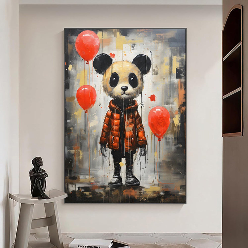 HKM-078931 Handmade Oil Painting Canvas - Graffiti Panda Wall Art for Children's Room, Unstretched & Frameless