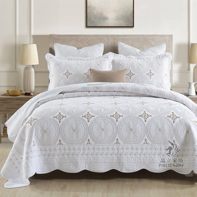 HKM-078995 European-Style Double Thick Cotton Embroidery Bed Cover Set with Pillowcases - Solid Color 3-Piece Set