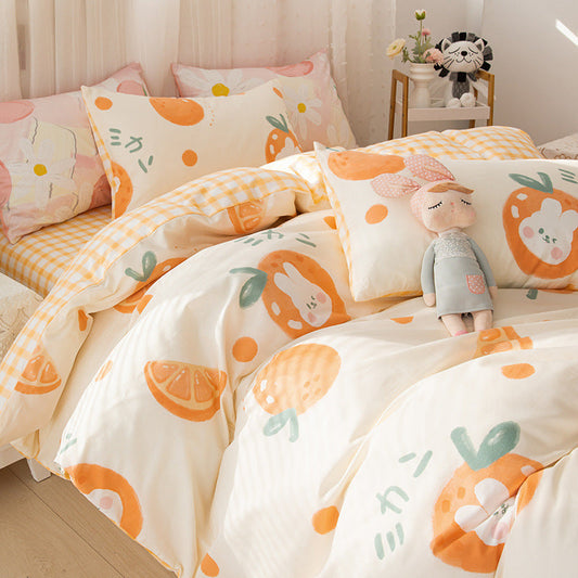 HKM-079315 Pure Cotton Four-Piece Cartoon Bedding Set with Vibrant Patterns and Sizes for All Bed Types