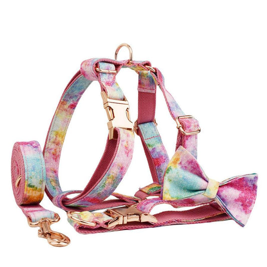 HKM-079379 Bronzing Dog Collar and Leash Set with Bow and Vest ¨C Complete Four-Piece Outfit
