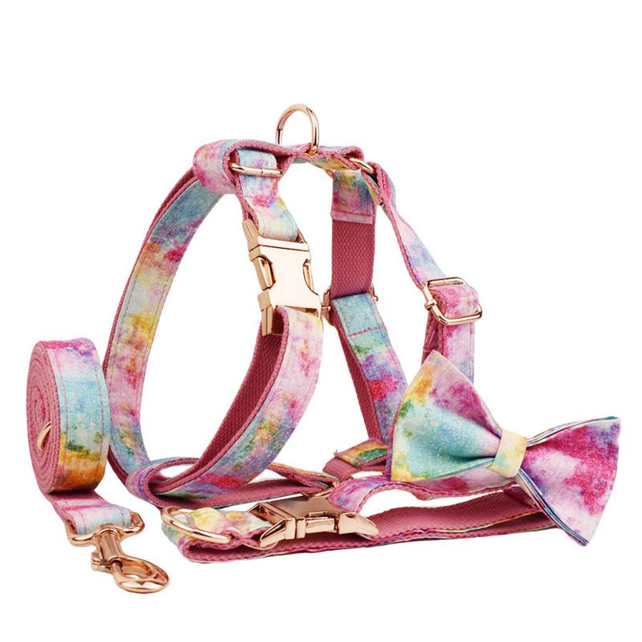 HKM-079379 Bronzing Dog Collar and Leash Set with Bow and Vest ¨C Complete Four-Piece Outfit