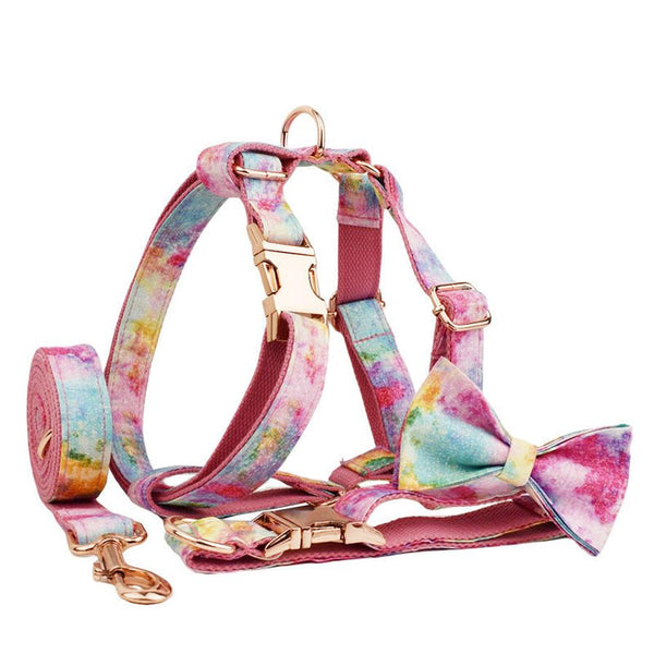 HKM-079379 Bronzing Dog Collar and Leash Set with Bow and Vest ¨C Complete Four-Piece Outfit