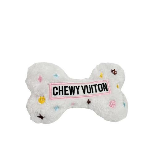 HKM-079571 Chewy Vuitton White Bone Plush Pet Toy for Dogs - 18 x 11 cm