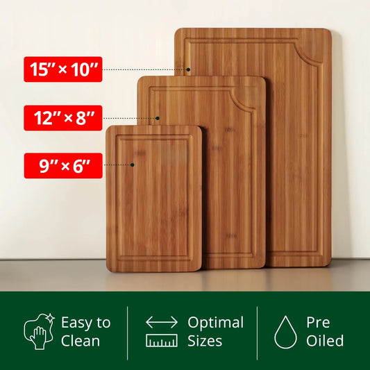 HKM-079699 Deep Carbonized Bamboo Wood Cutting Board Set – 3-Piece with Juice Grooves and Large Handle for Easy Chopping