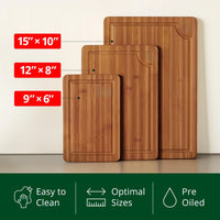 HKM-079699 Deep Carbonized Bamboo Wood Cutting Board Set – 3-Piece with Juice Grooves and Large Handle for Easy Chopping