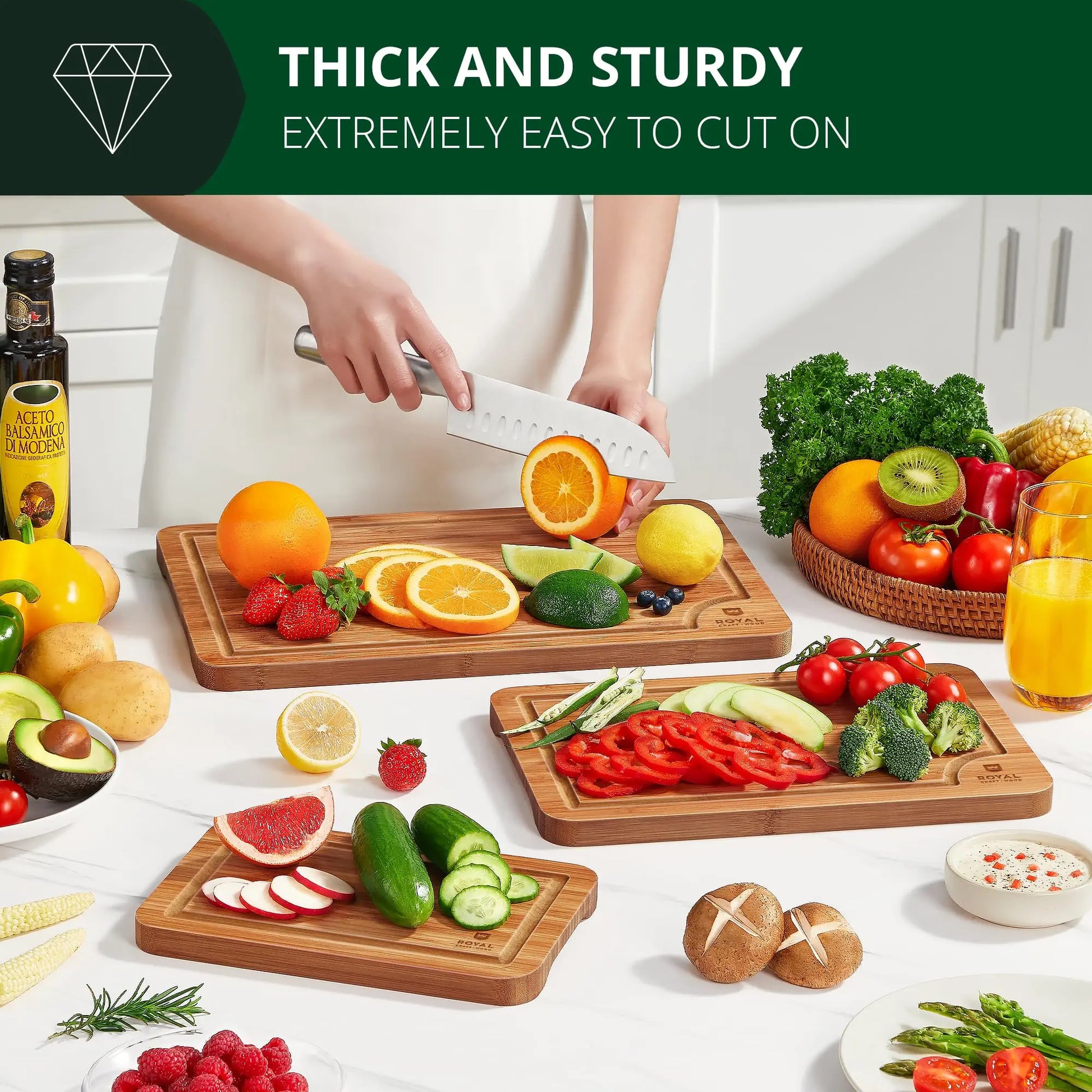 HKM-079699 Deep Carbonized Bamboo Wood Cutting Board Set – 3-Piece with Juice Grooves and Large Handle for Easy Chopping