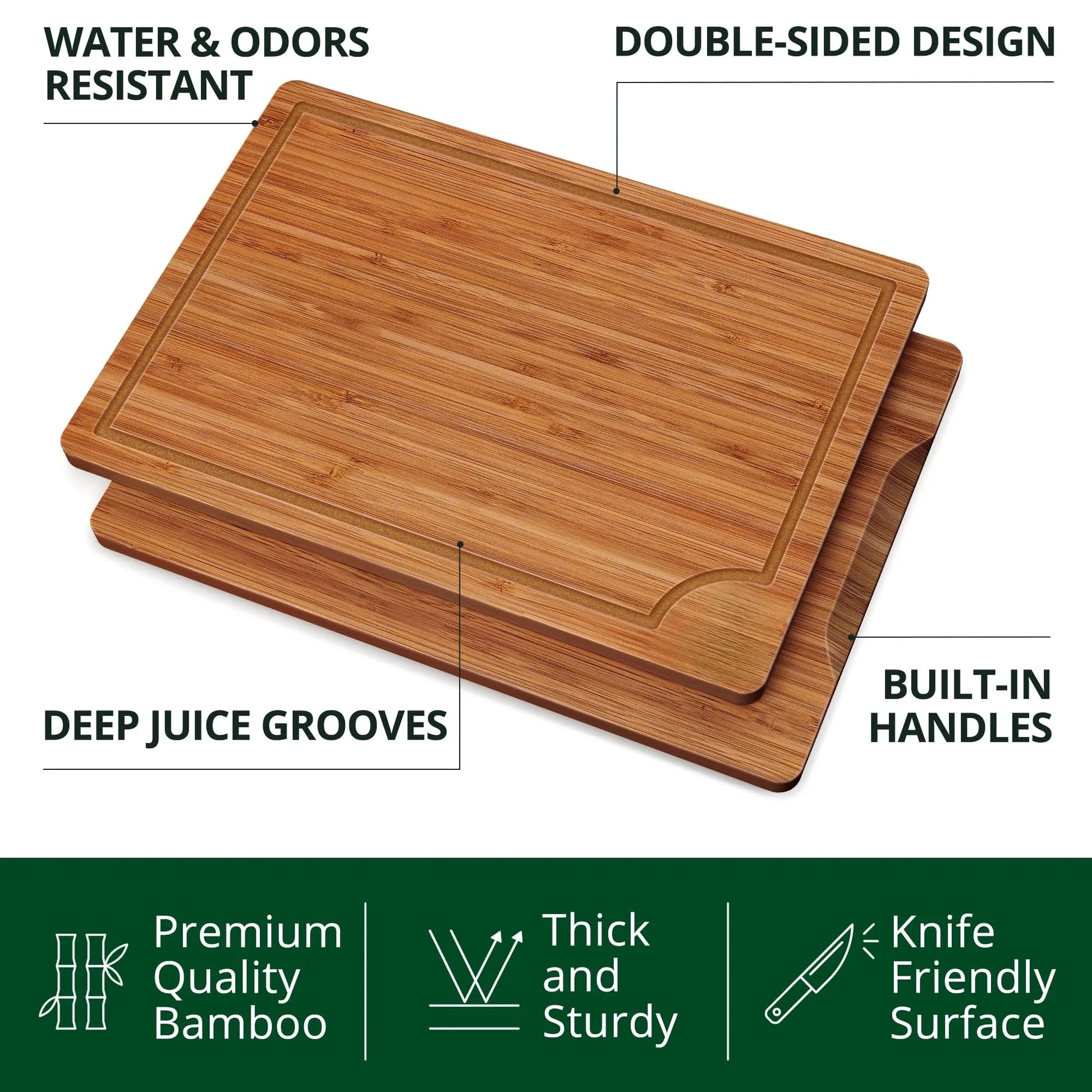 HKM-079699 Deep Carbonized Bamboo Wood Cutting Board Set – 3-Piece with Juice Grooves and Large Handle for Easy Chopping