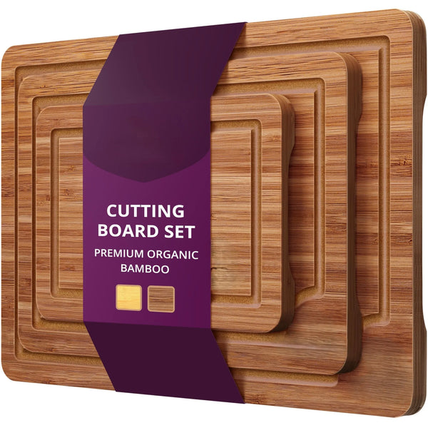 HKM-079699 Deep Carbonized Bamboo Wood Cutting Board Set – 3-Piece with Juice Grooves and Large Handle for Easy Chopping