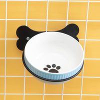 HKM-0797373 Slanted Ceramic Pet Bowl with Hanging Iron Frame - Anti-Overturning Design in Multiple Colors