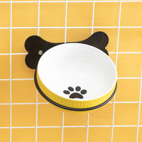 HKM-0797373 Slanted Ceramic Pet Bowl with Hanging Iron Frame - Anti-Overturning Design in Multiple Colors