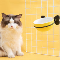 HKM-0797373 Slanted Ceramic Pet Bowl with Hanging Iron Frame - Anti-Overturning Design in Multiple Colors