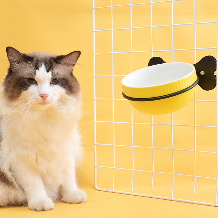 HKM-0797373 Slanted Ceramic Pet Bowl with Hanging Iron Frame - Anti-Overturning Design in Multiple Colors