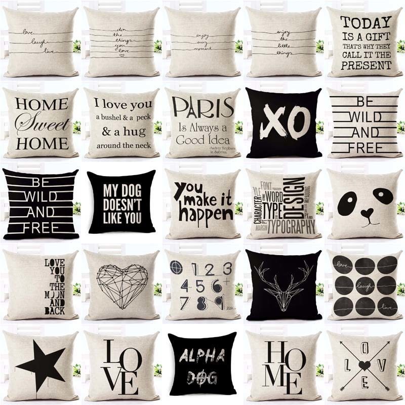HKM-079827 Nordic Style Black and White Letter Pillowcase - Soft Short Plush Cushion Cover 45x45cm