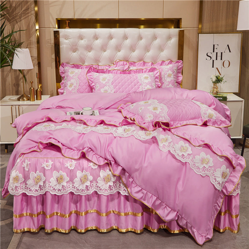 HKM-079827 Princess Style Lace Bed Skirt Tencel Four-Piece Bedding Set in Multiple Colors