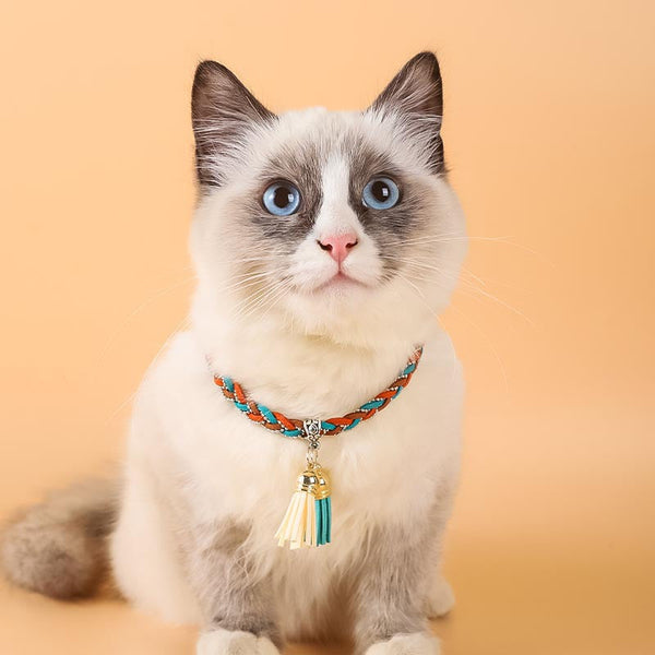 HKM-0799165 Colorblock Adjustable Cat Collar in Turquoise, Orange Green, and Pale Pink - Korean Velvet/Silk Material